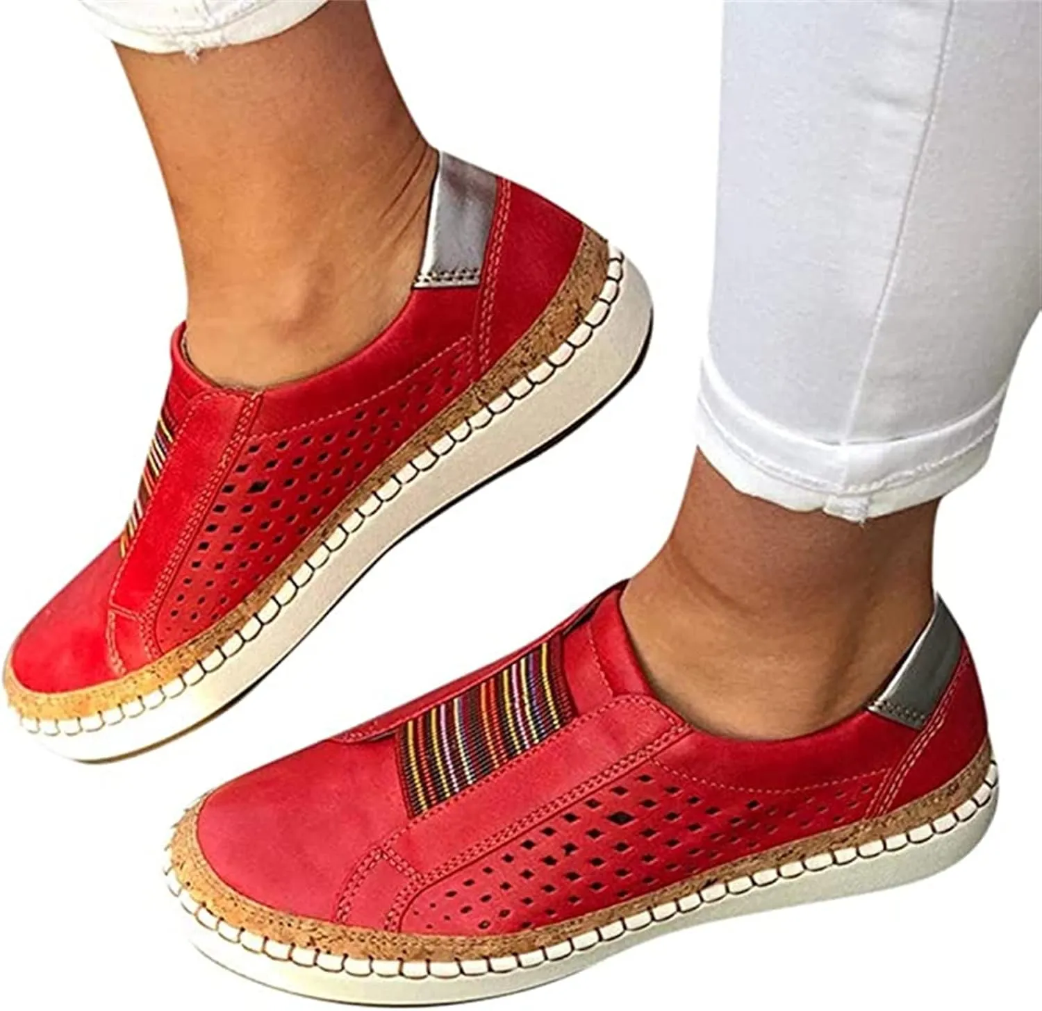Ladmiple Sneakers For Women Slip On Wide Width Casual Leather Walking Shoes Dressy Casual Summer Lace Up Platform Loafer