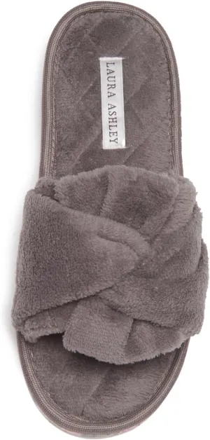 Laura Ashley Ladies Open Toe Spa Slippers with Bow and Memory Foam Insole