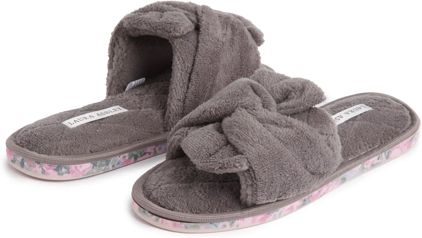 Laura Ashley Ladies Open Toe Spa Slippers with Bow and Memory Foam Insole