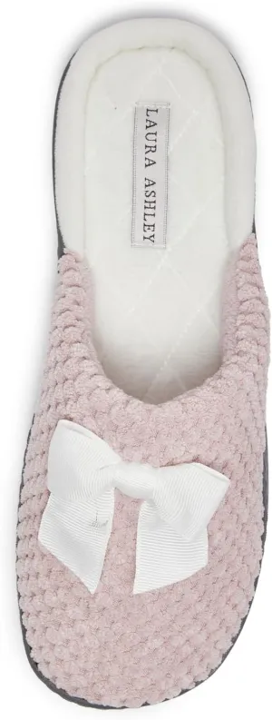 Laura Ashley Rugged Spa Slipper with Bow, Cozy Memory Foam Hard Bottom Slippers for Women, Soft Warm House Shoes