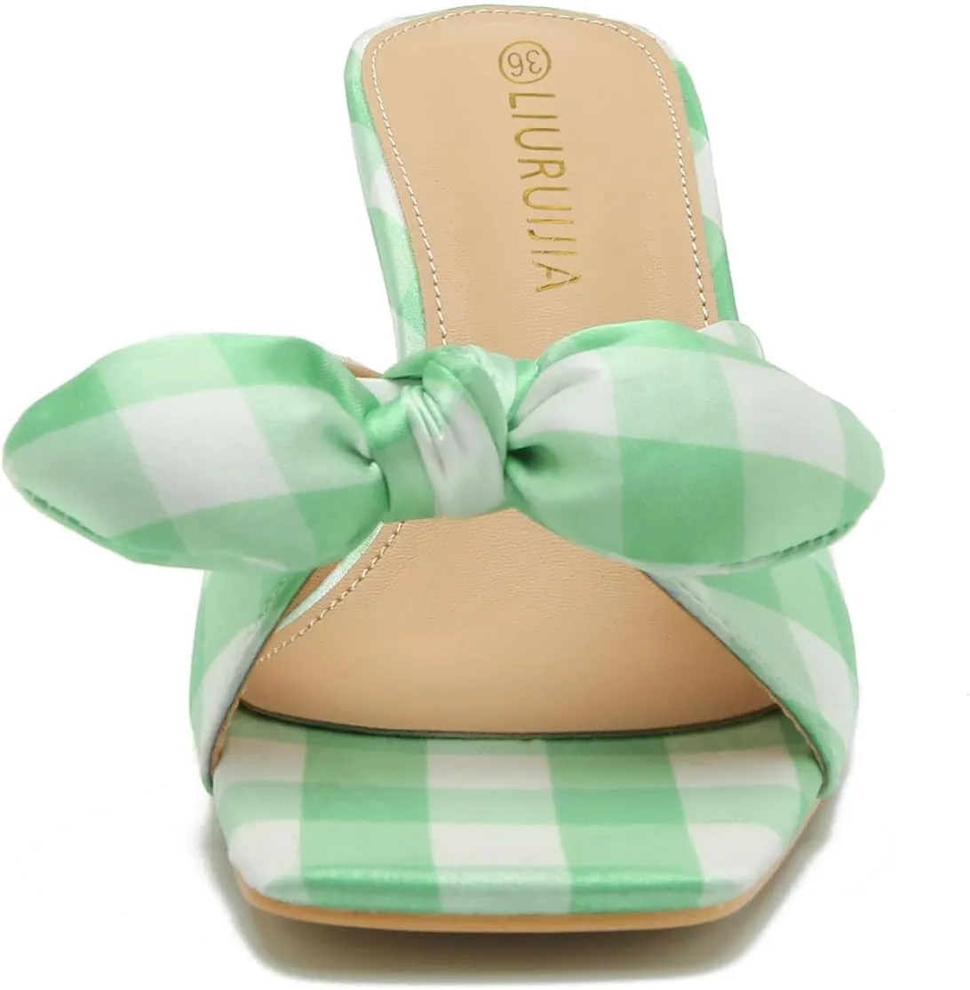 LIURUIJIA Bow Tie kitten heel sandals for women Mule Sandals Slingback Square Open Toe Low Wedding Heels Backless Slip On Slide Summer Cute Wedding Bridal Sandals Shoes