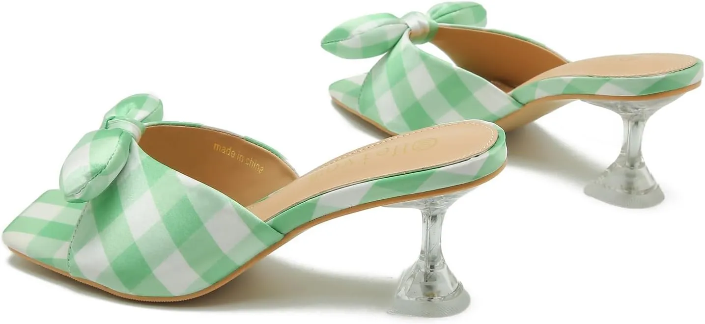 LIURUIJIA Bow Tie kitten heel sandals for women Mule Sandals Slingback Square Open Toe Low Wedding Heels Backless Slip On Slide Summer Cute Wedding Bridal Sandals Shoes