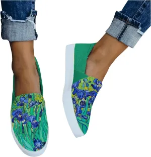Masbird Sneakers for Women Walking Shoes Color Printing Canvas Loafers Fashion Platform Slip On Running Shoes Green