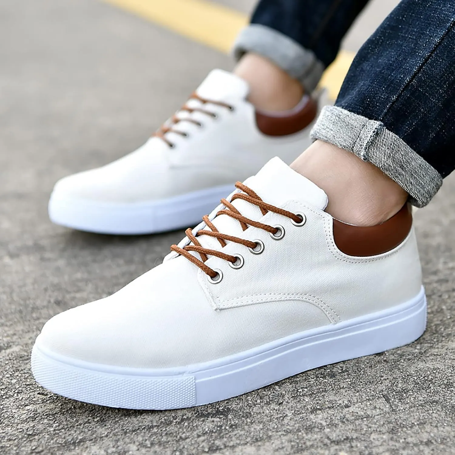 Mens Fashion Sneakers Low Top Flat Bottom Lightweight Canvas Casual Sports Shoes Lace up Breathable Non Slip Comfortable Simple Walking Shoes for Men