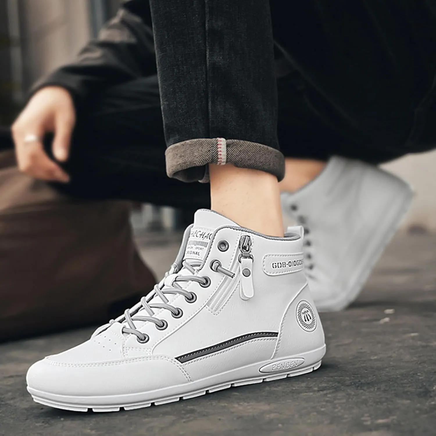 Mens High Top Sneakers Side Zip-up Lace-up Casual Breathable Soft Walking Running Shoes Comfortable Tennis Shoes Flat Bottom Non Slip Summer Spring Mens Shoe