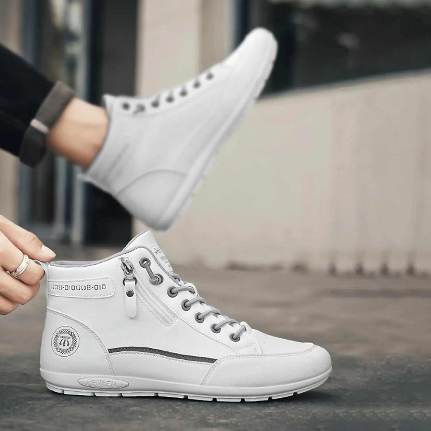 Mens High Top Sneakers Side Zip-up Lace-up Casual Breathable Soft Walking Running Shoes Comfortable Tennis Shoes Flat Bottom Non Slip Summer Spring Mens Shoe