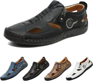 Men's Leather Fisherman Sandals Slip-On Closed Toe Breathable Loafers for Walking,Driving&Outdoor Side Zipper Hand-Sewn Comfort