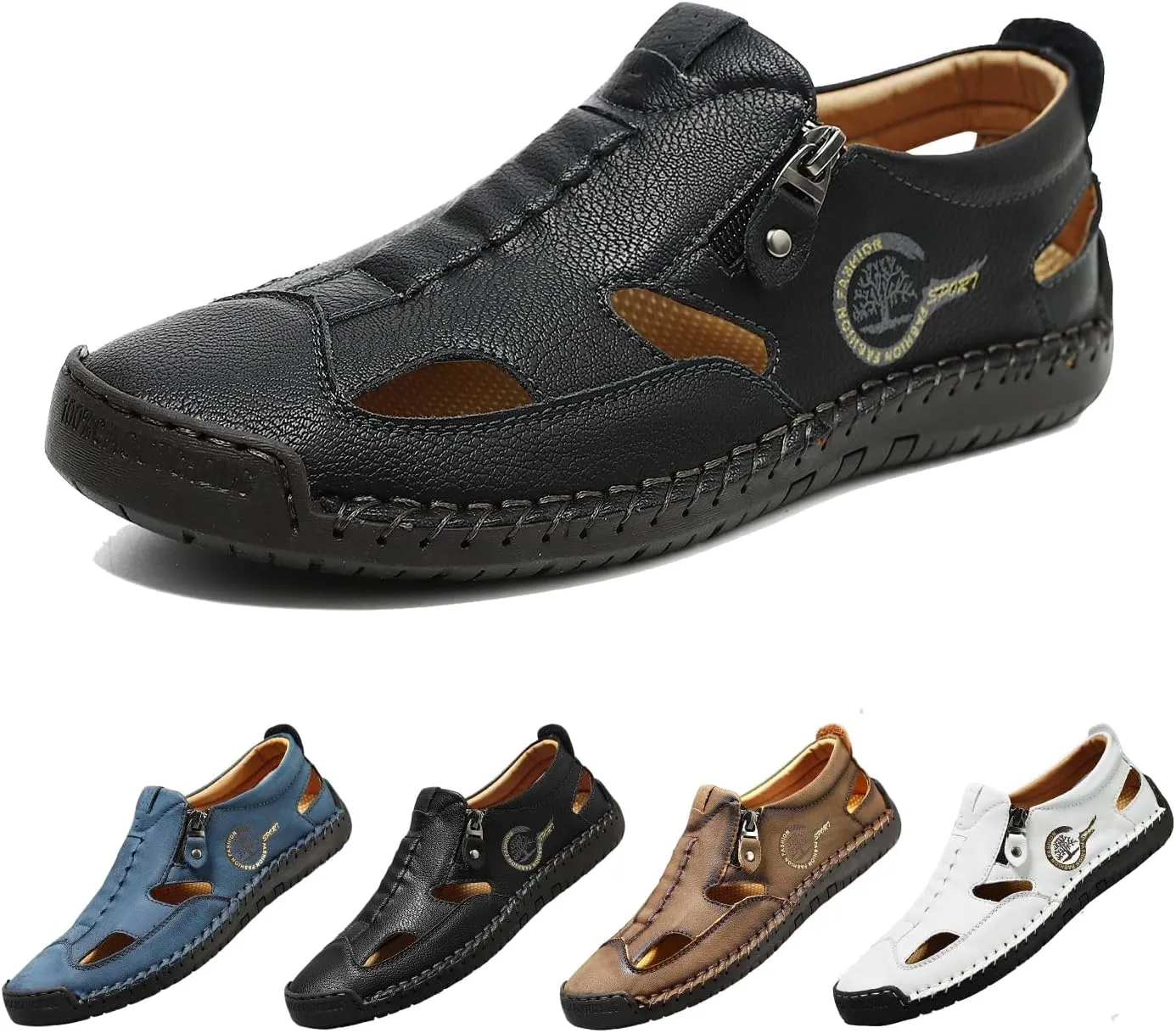 Men's Leather Fisherman Sandals Slip-On Closed Toe Breathable Loafers for Walking,Driving&Outdoor Side Zipper Hand-Sewn Comfort