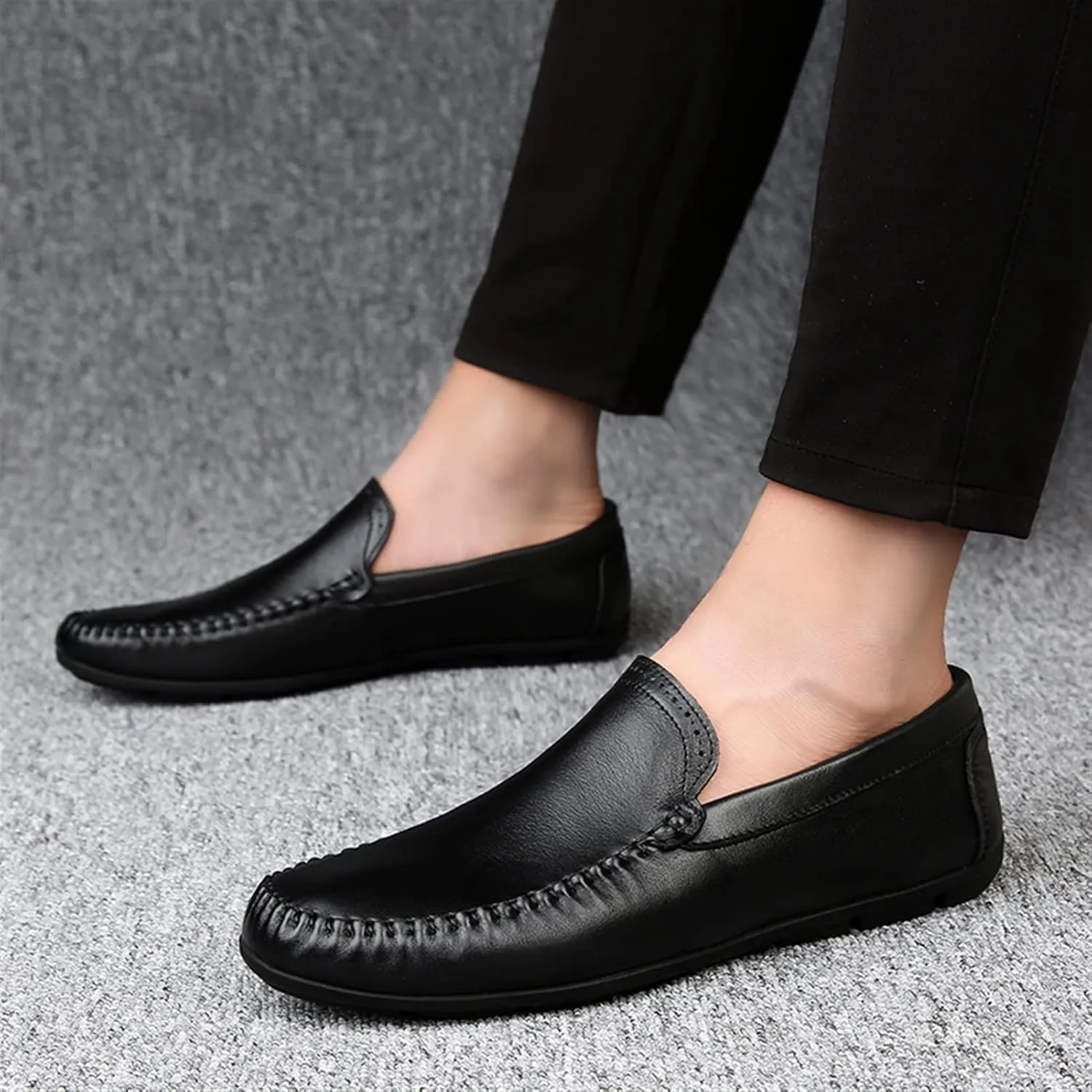 Mens Loafers Cowhide Stitching Details Round Toe Anti-Slip Slip Resistant Lightweight Walking Slip-ons