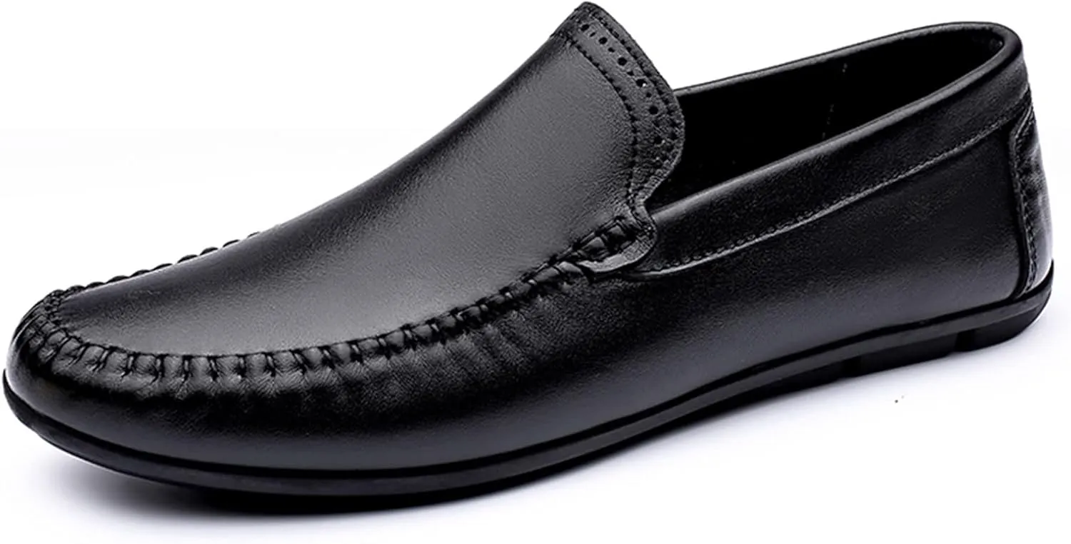 Mens Loafers Cowhide Stitching Details Round Toe Anti-Slip Slip Resistant Lightweight Walking Slip-ons