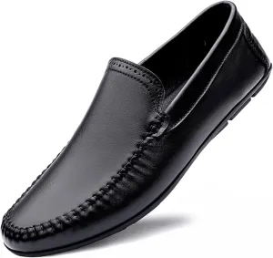 Mens Loafers Cowhide Stitching Details Round Toe Anti-Slip Slip Resistant Lightweight Walking Slip-ons
