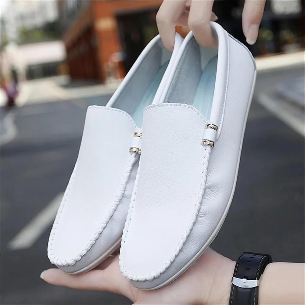 Men's Loafers Round Toe Solid Color PU Leather Driving Shoes Flat Heel Comfortable Flexible Party Slip-ons