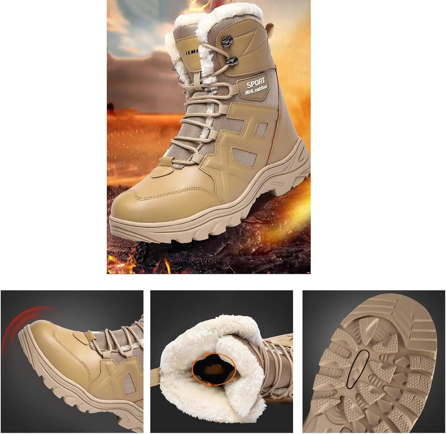 Mens Snow Boots Waterproof Insulated,Outdoor High Top Cold-Weather Warm Winter Hiking Boots Men,Lightweight Breathable Fur Lined Boots