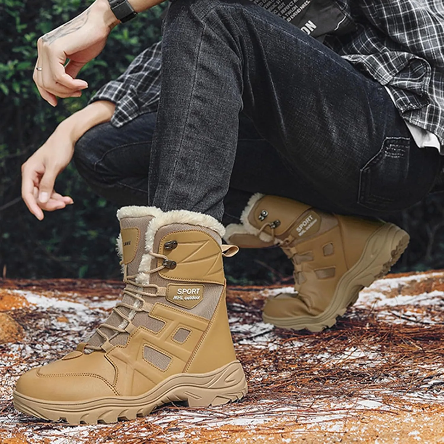 Mens Snow Boots Waterproof Insulated,Outdoor High Top Cold-Weather Warm Winter Hiking Boots Men,Lightweight Breathable Fur Lined Boots