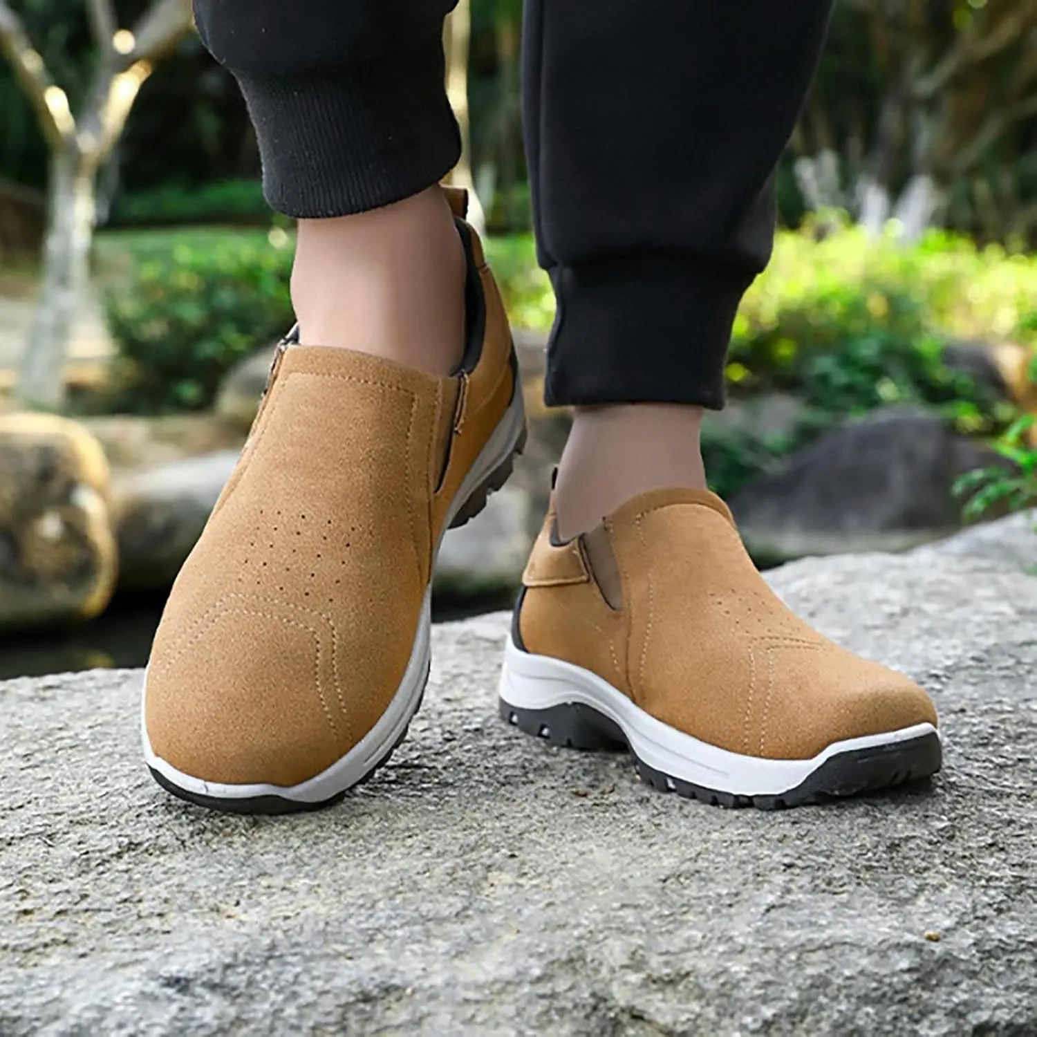 Mens Suede Breathable Sneakers Solid Color Slip-in Casual Soft Walking Running Shoes Comfortable Tennis Shoes Flat Bottom Non Slip Summer Spring Mens Shoe