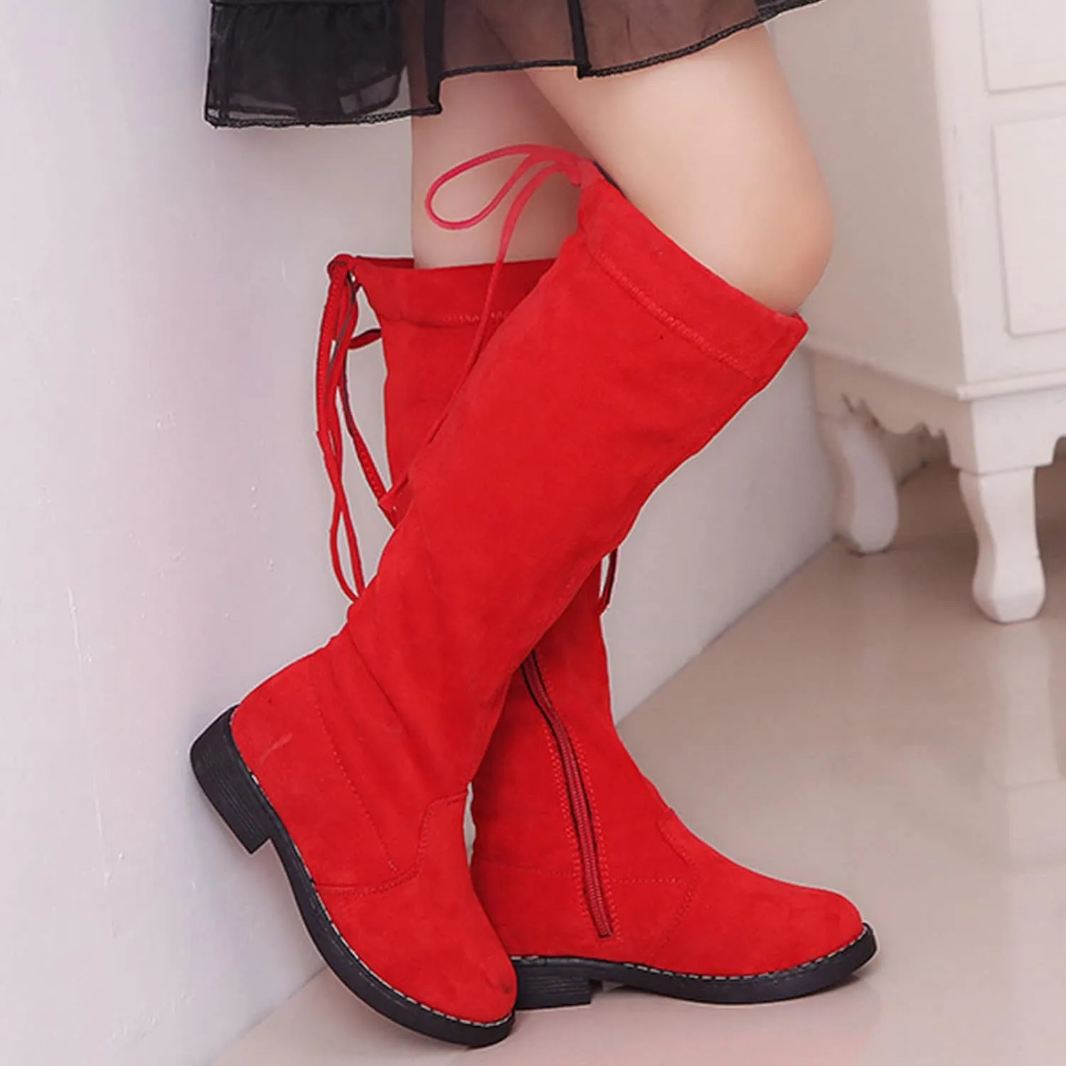 Mid Calf Girls Kids Boots Side Zipper Combat Cowgirl Boots Slip On Hiking Boots Breathable Low Heel Winter Shoes
