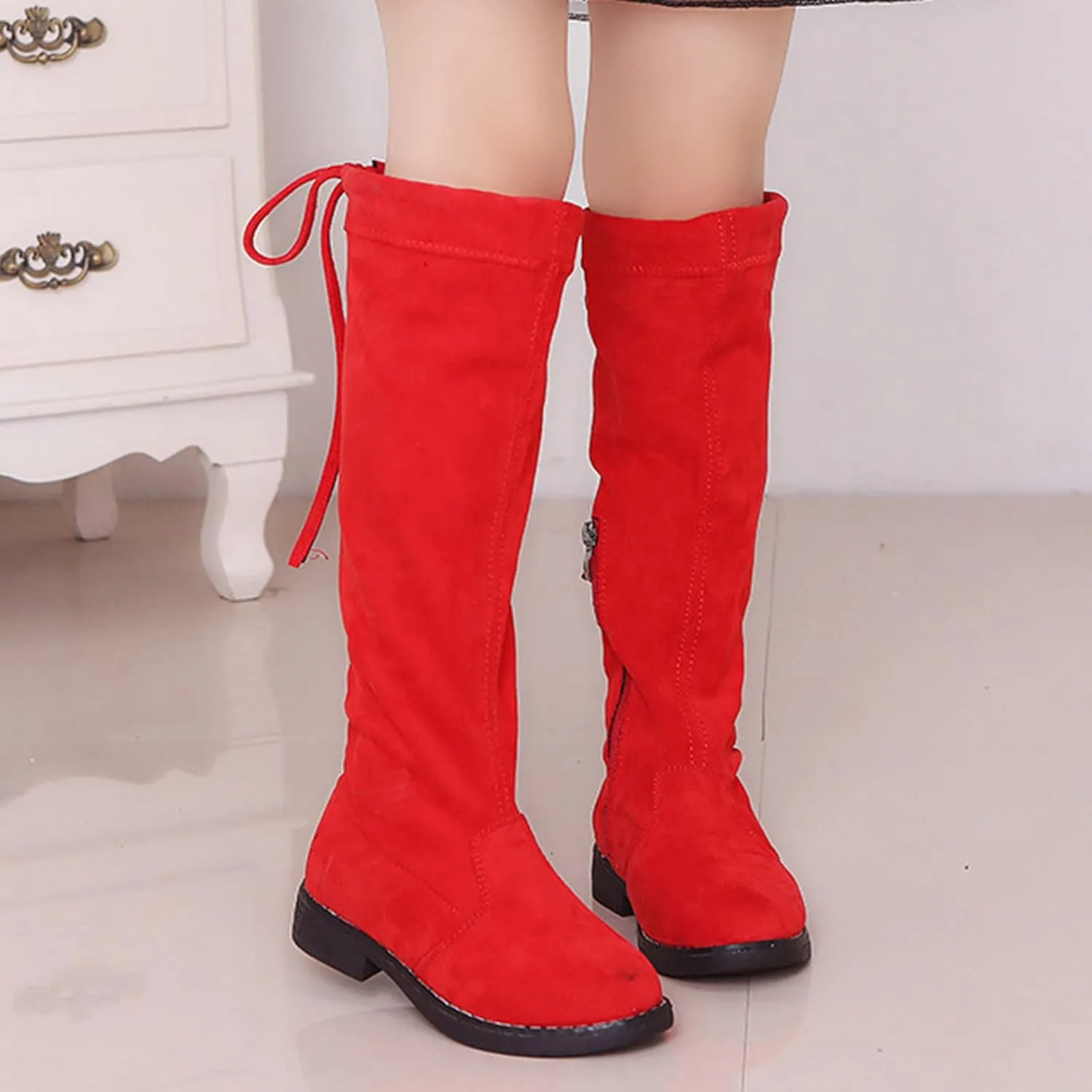 Mid Calf Girls Kids Boots Side Zipper Combat Cowgirl Boots Slip On Hiking Boots Breathable Low Heel Winter Shoes