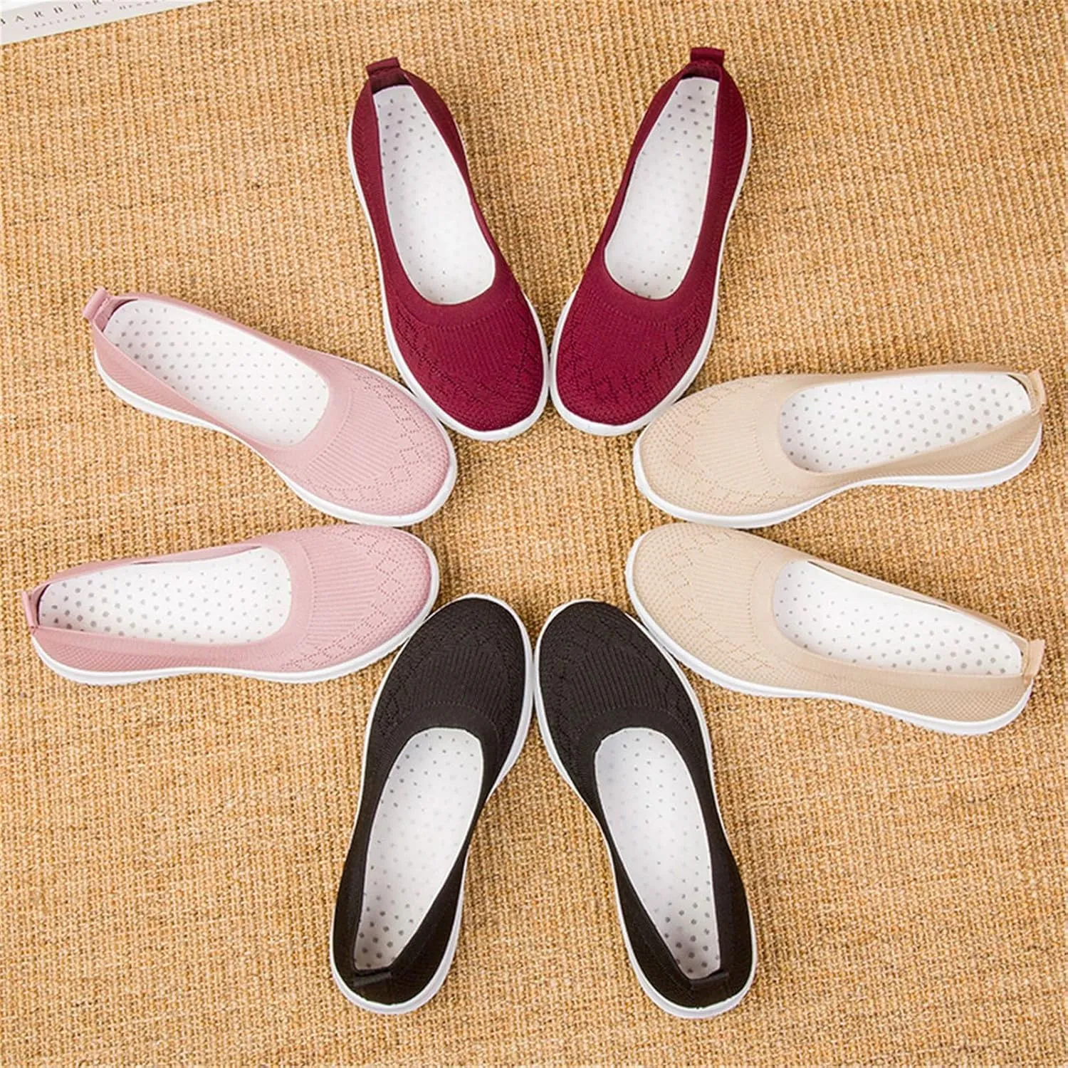 Mmoneyake Walk Shoes for Women Woven Orthopedic Breathable Soft Shoes Knit Low Wedge Dressy Ballet Shoes Arch Support Walking Shoes Slip On Diabetic Foam Shoes Sneakers