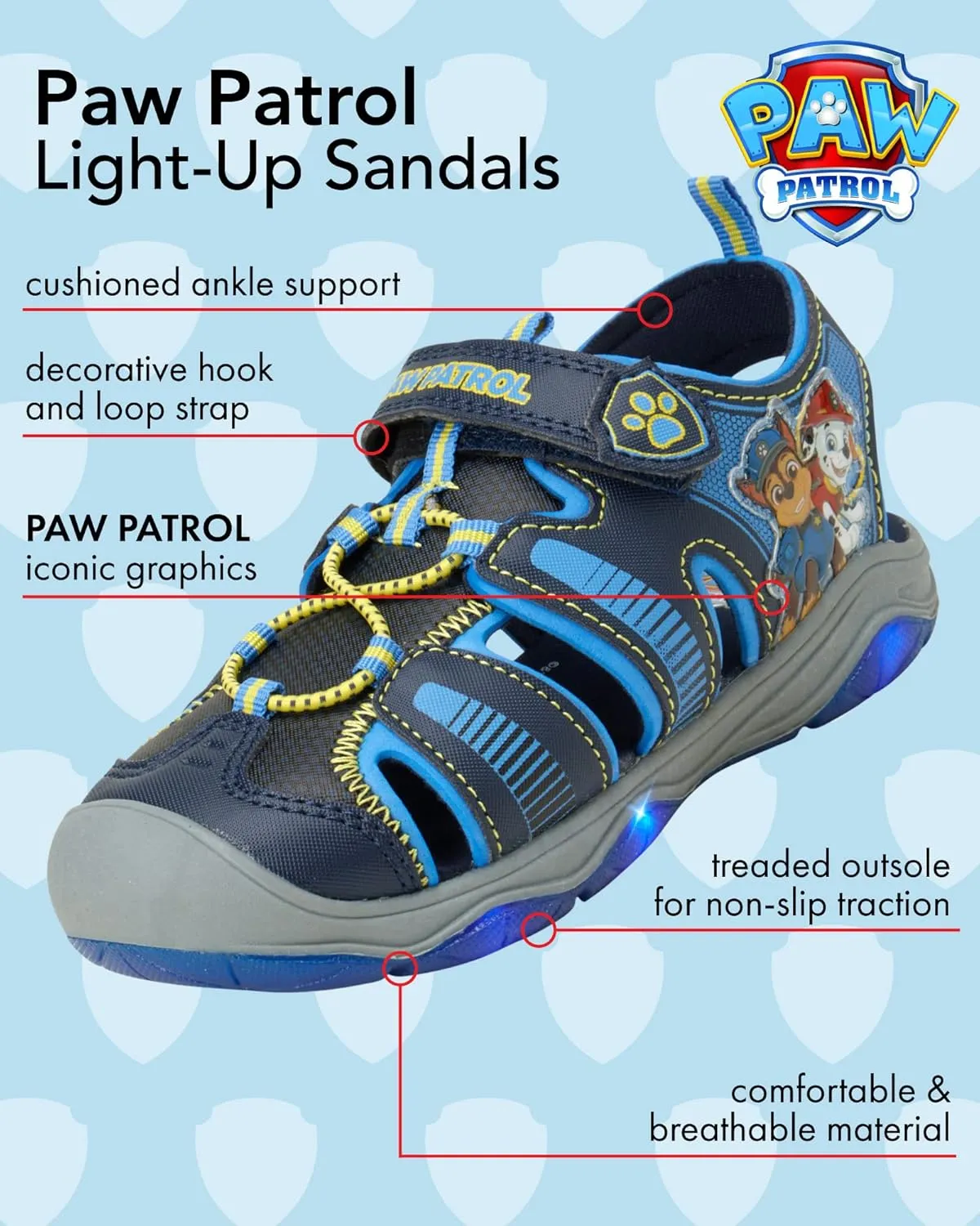 Nickelodeon Boys' Paw Patrol Shoes - Chase and Marshall Light Up Closed Toe Sport Sandals (6T-12)