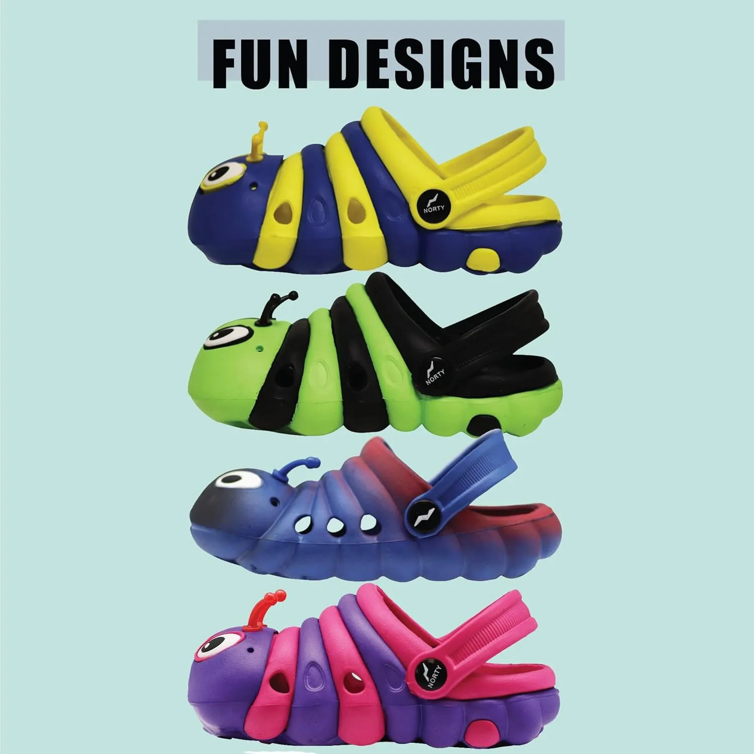 NORTY Toddler Clogs - Fun Baby Clogs With Comfortable Back Strap - Caterpillar Shoes for Kids - Playful Bug Shoes