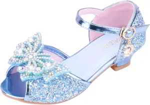 Open Front Bow Sequins Sandals for Girls Kids Princess Wedding Formal Ankle High Heel Shoes Summer Dress Dance Sandals
