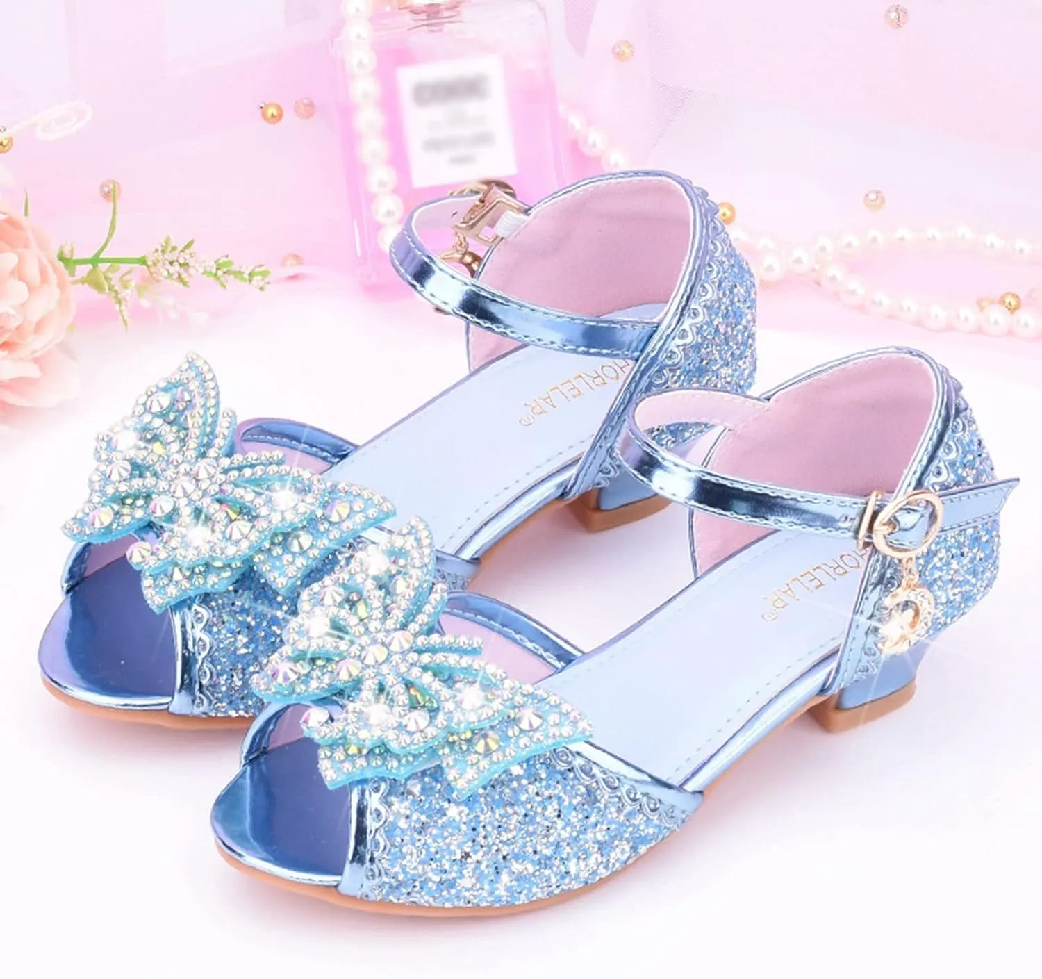 Open Front Bow Sequins Sandals for Girls Kids Princess Wedding Formal Ankle High Heel Shoes Summer Dress Dance Sandals