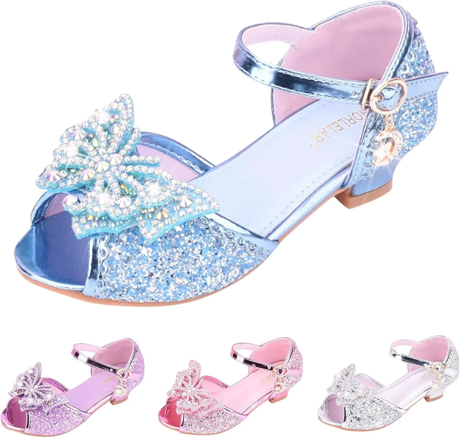 Open Front Bow Sequins Sandals for Girls Kids Princess Wedding Formal Ankle High Heel Shoes Summer Dress Dance Sandals