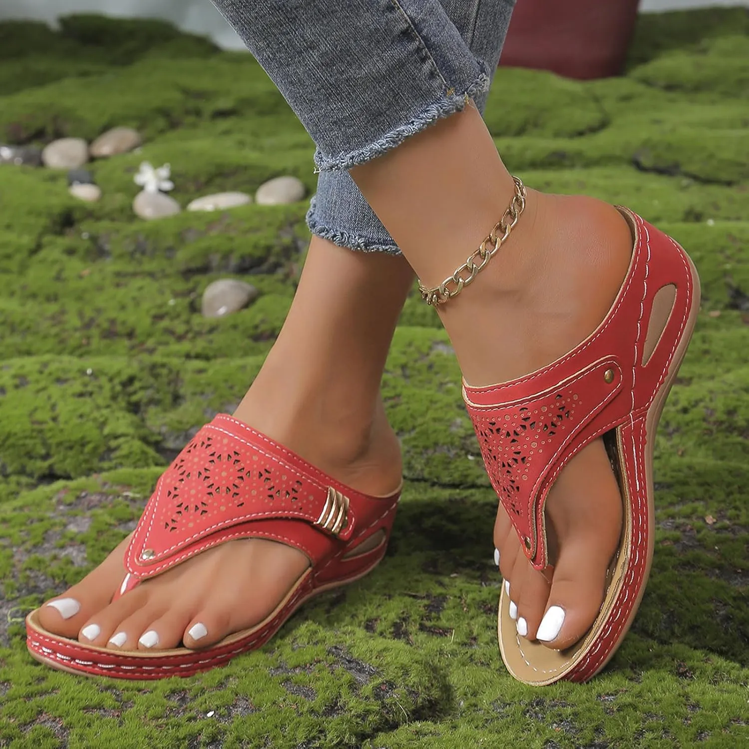 Orthopedic Sandals for Women Arch Support Summer Hollow Platform Wedge Flip-Flops Slip-On Slippers Breathable Walking Beach Shoes