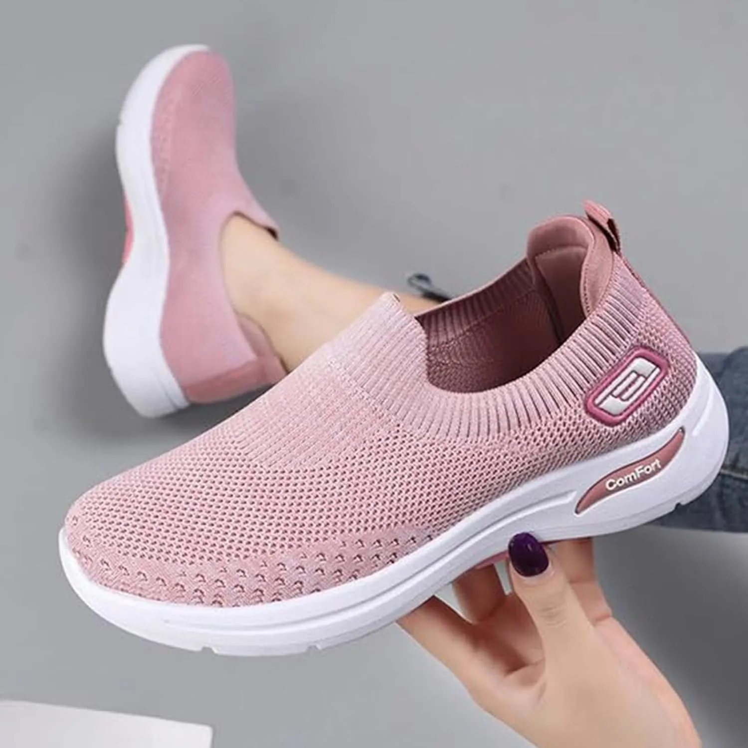 Orthopedic Sneakers for Women Breathable Lightweight Arch Support Air Cushion Slip on Walking Shoes Non Slip Soft Knitted Work Shoes
