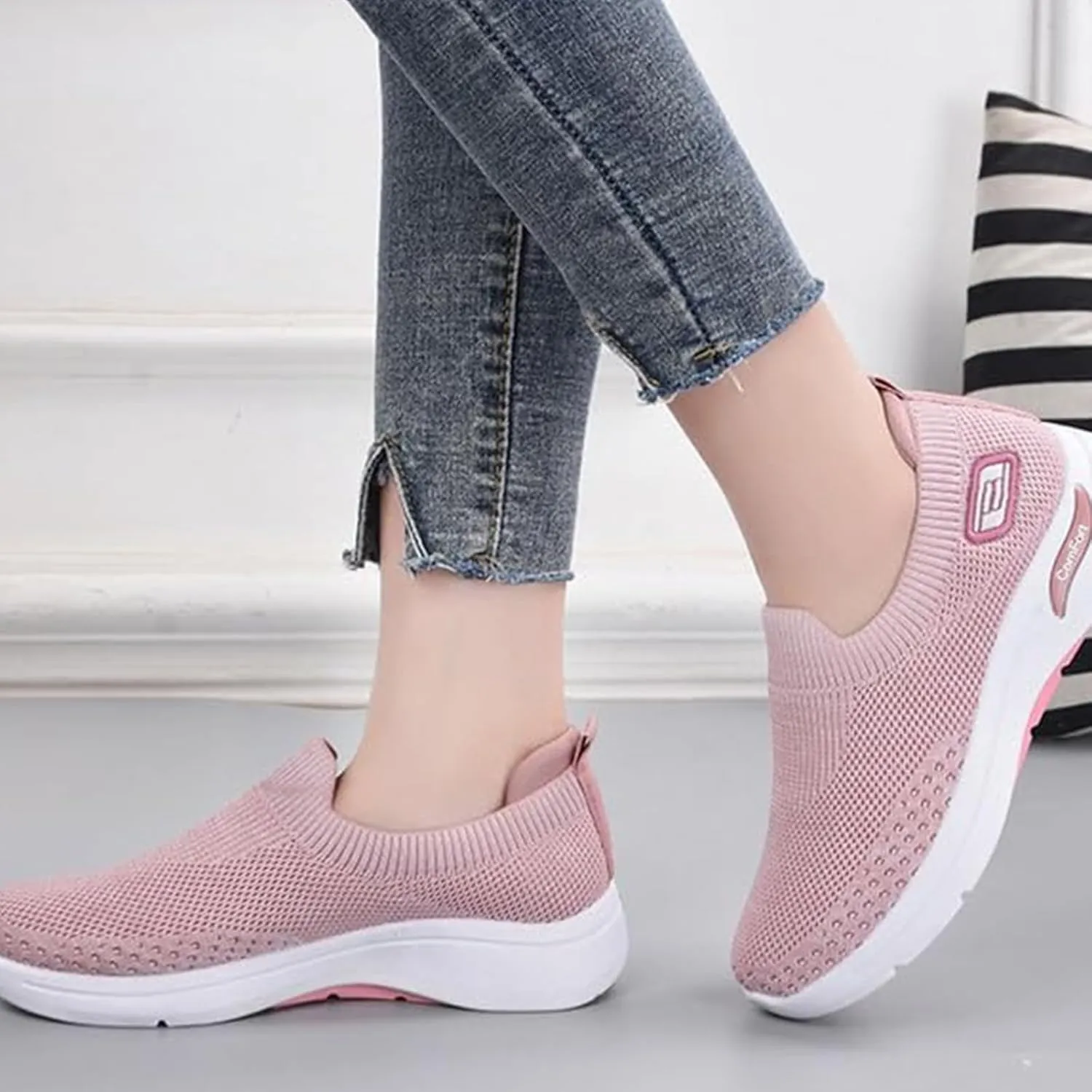 Orthopedic Sneakers for Women Breathable Lightweight Arch Support Air Cushion Slip on Walking Shoes Non Slip Soft Knitted Work Shoes