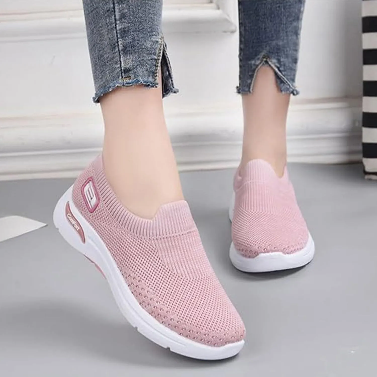 Orthopedic Sneakers for Women Breathable Lightweight Arch Support Air Cushion Slip on Walking Shoes Non Slip Soft Knitted Work Shoes