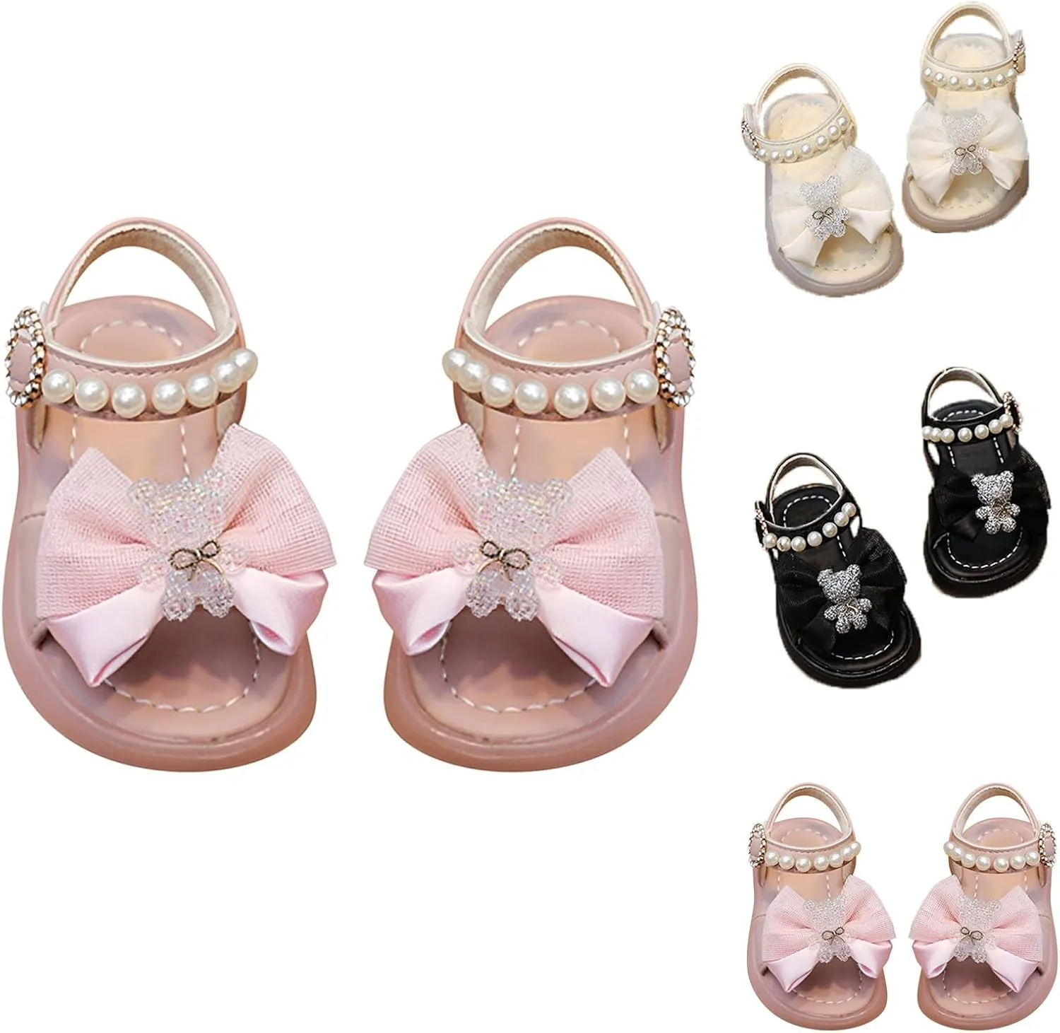 Pearl Bow Sandals for Girls Kids Baby Toddler Rubber Adjusted Strap Water Shoes Pool Beach Summer Shoes Sole Non Slip