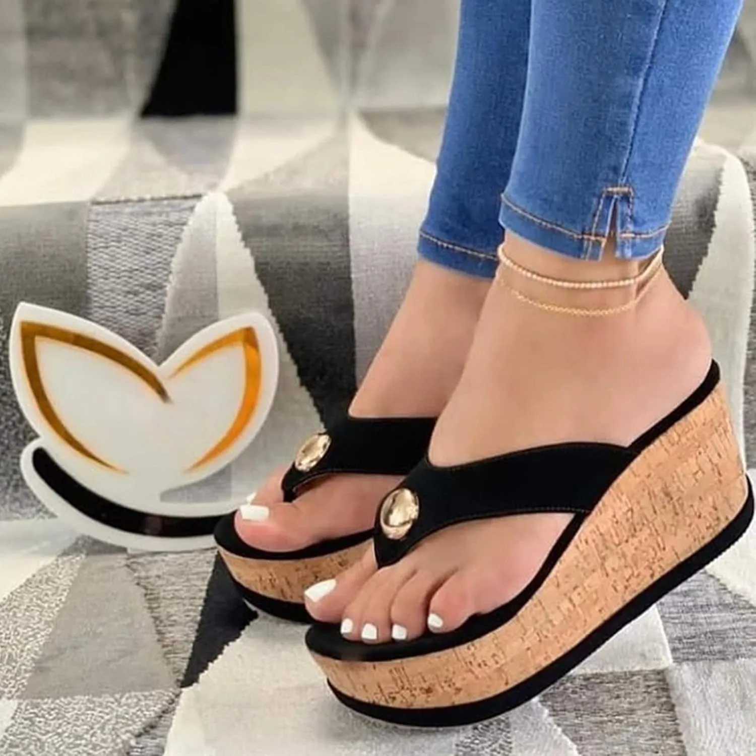 Platform Flip Flop for Women Arch Support Comfortable Soft Cushion Wedge Flip Flops Summer Thong Sandals Casual Shoes (Black, 9.5-10)