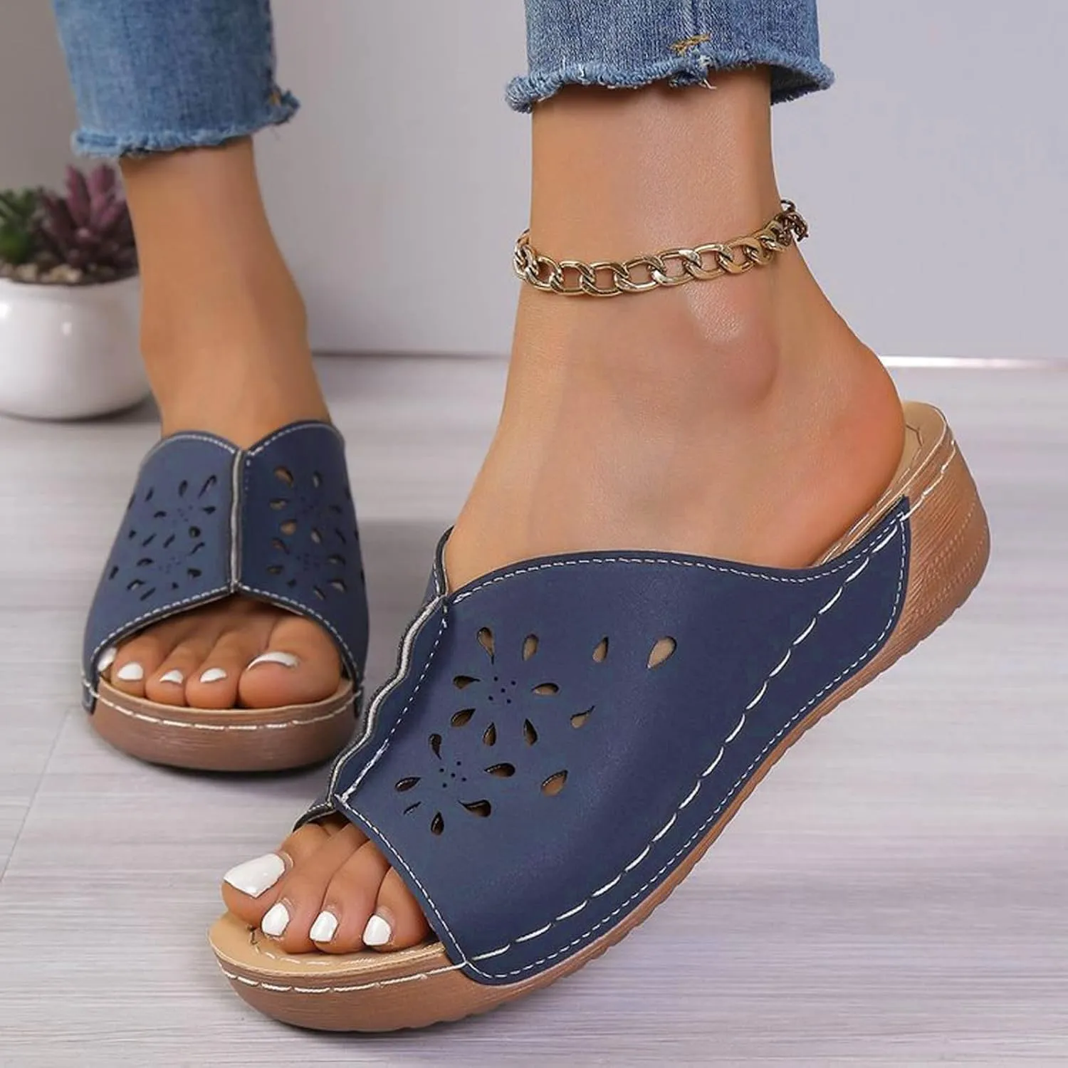 Platform Sandals for Women Open Toe Hollow Out Wedge Orthopedic Arch Support Comfortable Beach Slippers