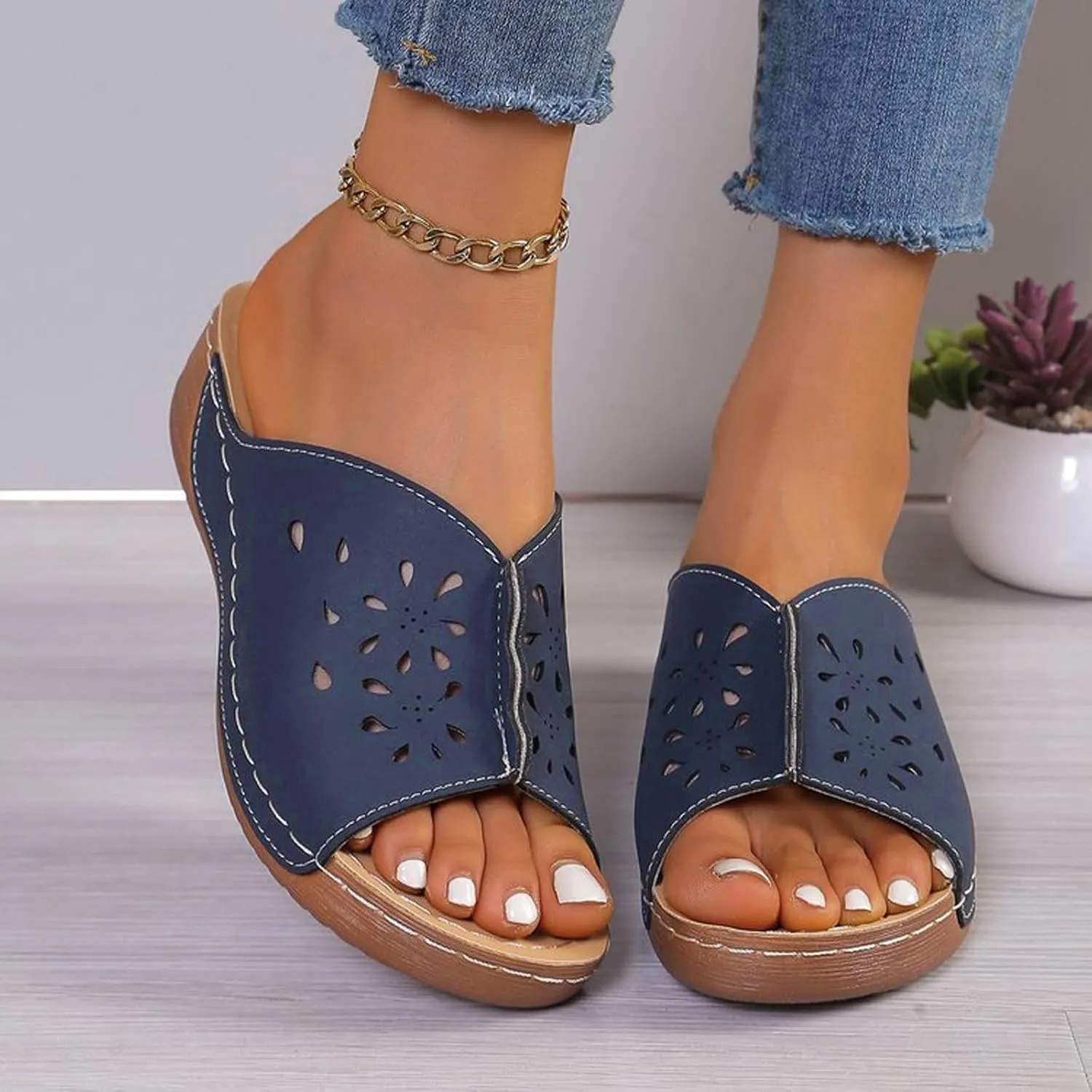 Platform Sandals for Women Open Toe Hollow Out Wedge Orthopedic Arch Support Comfortable Beach Slippers