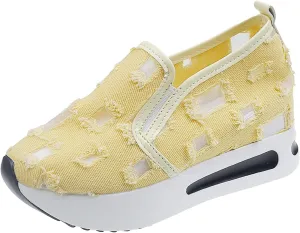 Platform Wedge Sneakers for Women Mesh Floral Embroidery Breathable Walking Shoes Air Comfort Chunky Slip On Arch Support Work Shoes