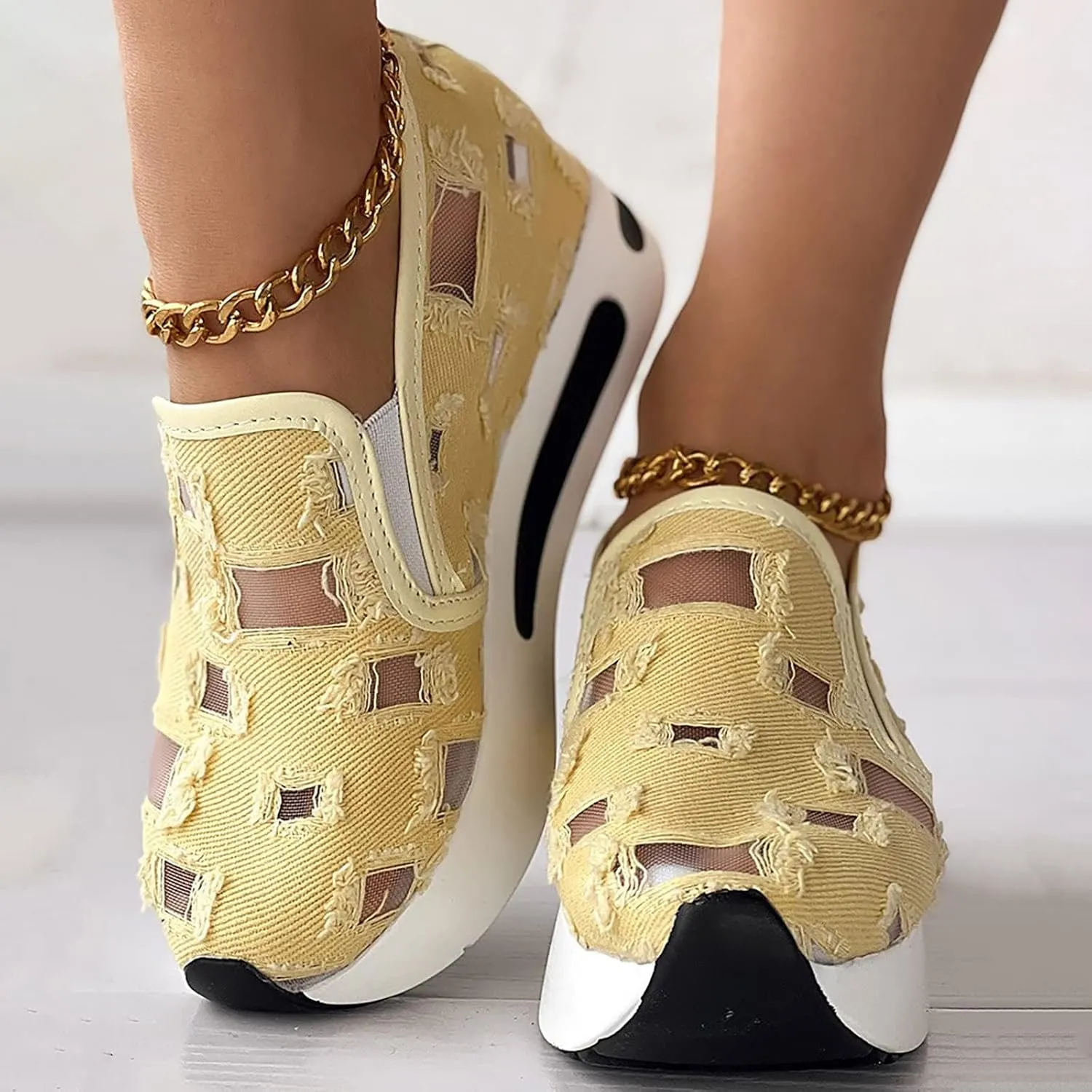 Platform Wedge Sneakers for Women Mesh Floral Embroidery Breathable Walking Shoes Air Comfort Chunky Slip On Arch Support Work Shoes