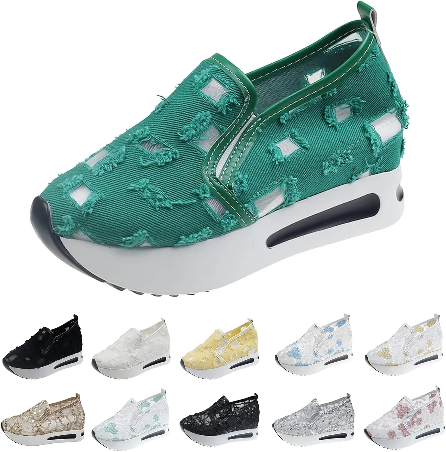 Platform Wedge Sneakers for Women Mesh Floral Embroidery Breathable Walking Shoes Air Comfort Chunky Slip On Arch Support Work Shoes