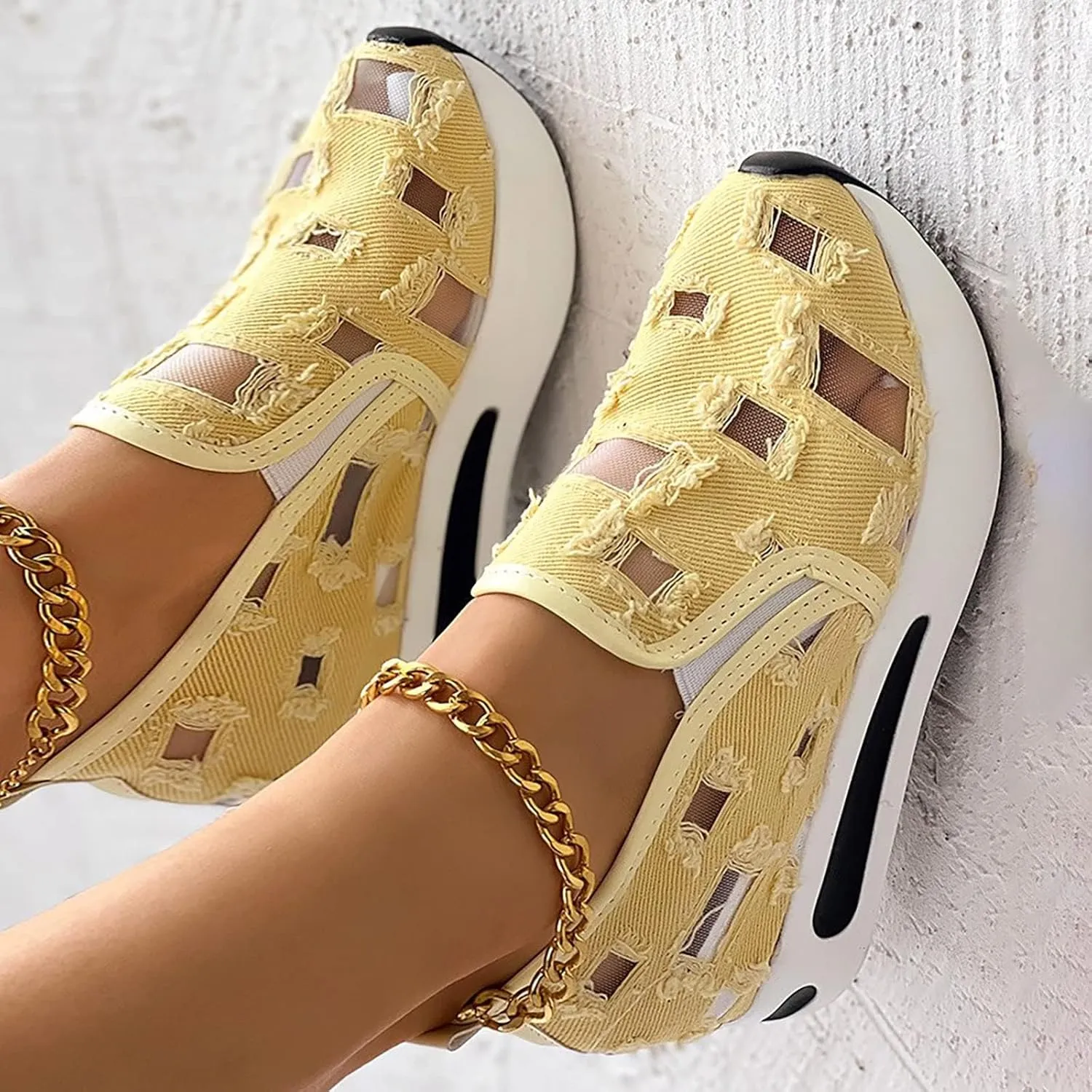 Platform Wedge Sneakers for Women Mesh Floral Embroidery Breathable Walking Shoes Air Comfort Chunky Slip On Arch Support Work Shoes