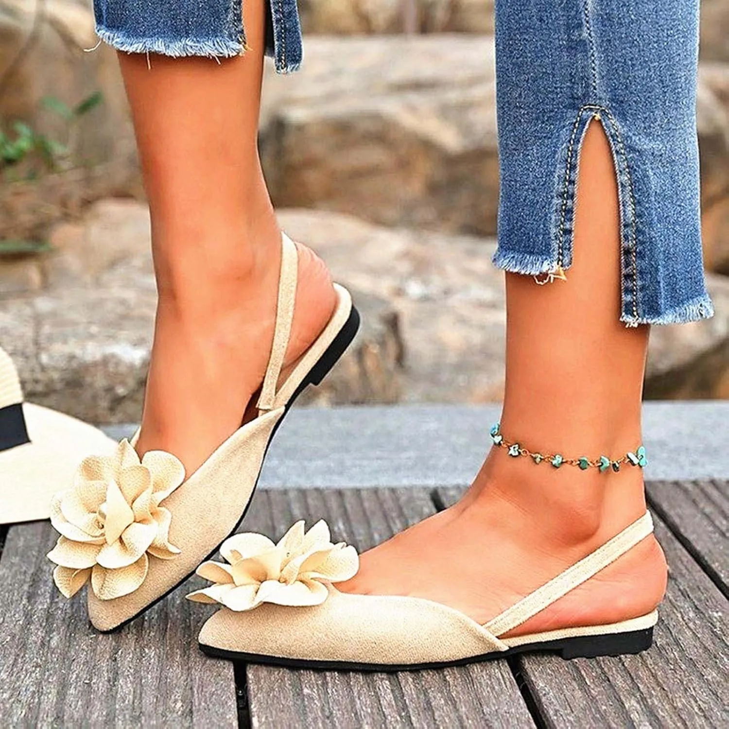 Pointed Toe Slingback Flats Women Elegant Dress Sandals Comfort Dressy Flower Slip On Flat Light Weight Ballet Shoes