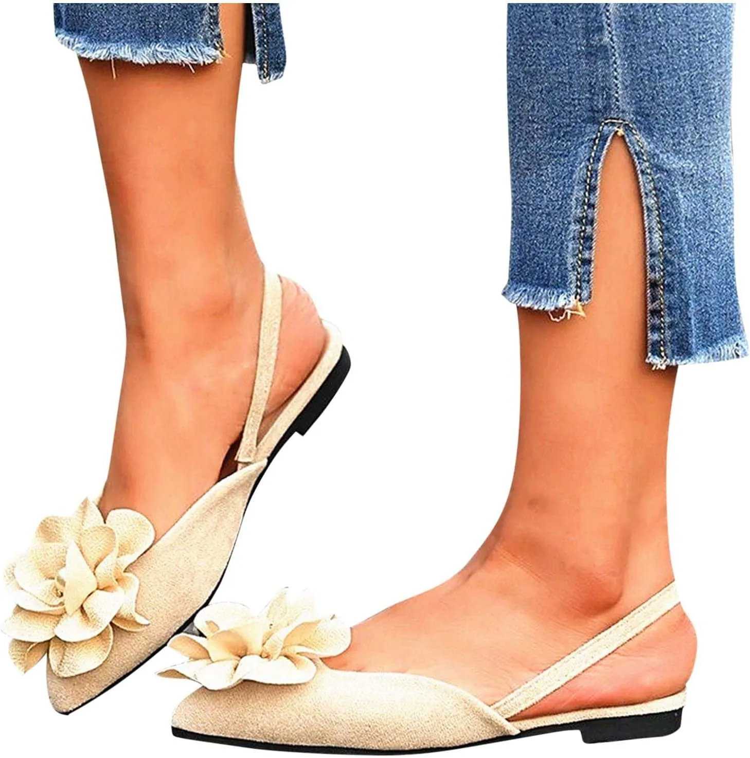 Pointed Toe Slingback Flats Women Elegant Dress Sandals Comfort Dressy Flower Slip On Flat Light Weight Ballet Shoes