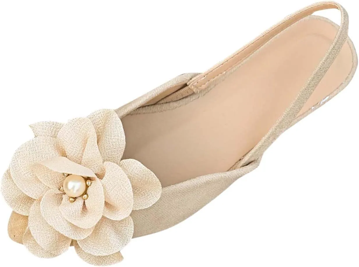 Pointed Toe Slingback Flats Women Elegant Dress Sandals Comfort Dressy Flower Slip On Flat Light Weight Ballet Shoes
