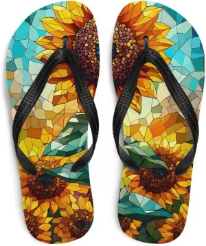 Prismatic Sunflower Flip-Flops, Colorful Floral Sandals, Beach Slides, Comfortable Summer Shoes, Casual Slip-Ons