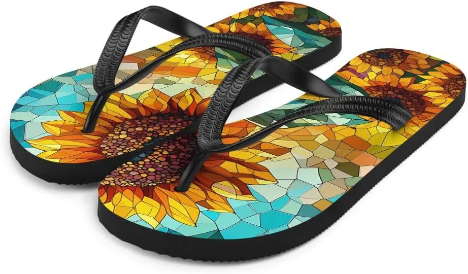 Prismatic Sunflower Flip-Flops, Colorful Floral Sandals, Beach Slides, Comfortable Summer Shoes, Casual Slip-Ons