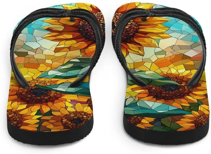 Prismatic Sunflower Flip-Flops, Colorful Floral Sandals, Beach Slides, Comfortable Summer Shoes, Casual Slip-Ons