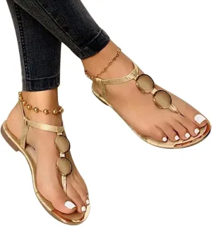 Sandals for Women Dressy Summer, Sandals Women Summer Casual Fashion Beaded Buckle Strap Sandals Beach Flat Flip Flops