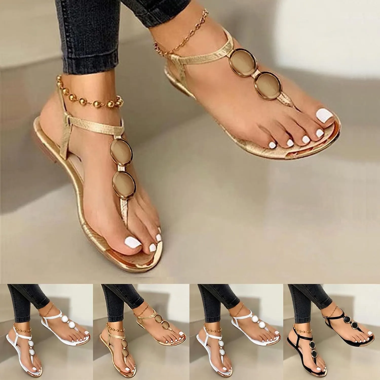 Sandals for Women Dressy Summer, Sandals Women Summer Casual Fashion Beaded Buckle Strap Sandals Beach Flat Flip Flops