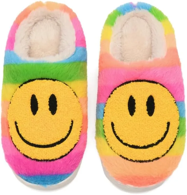 Sierlos Cute Kids' Plush Preppy Slippers - Happy Face Soft Memory Foam Fuzzy Slip-Ons for Indoor/Outdoor Use