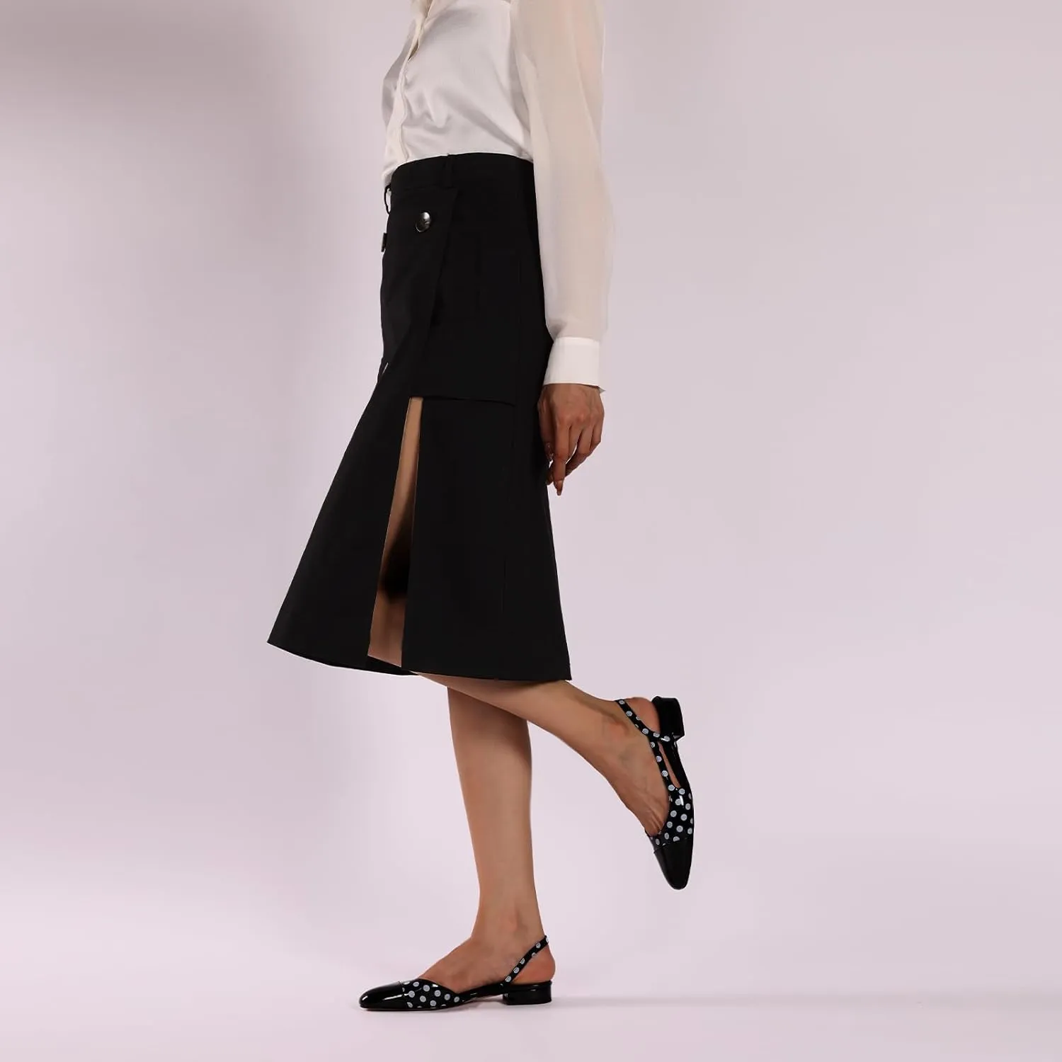 Slingback Flat Pumps for Women Polka Dot Cap Toe Block Low Heels Sandals Two Tone Dress Casual Slide Walking Shoes