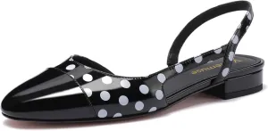 Slingback Flat Pumps for Women Polka Dot Cap Toe Block Low Heels Sandals Two Tone Dress Casual Slide Walking Shoes